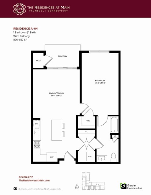 Floor plan for 1 bed, 1 bath, 837 sqft